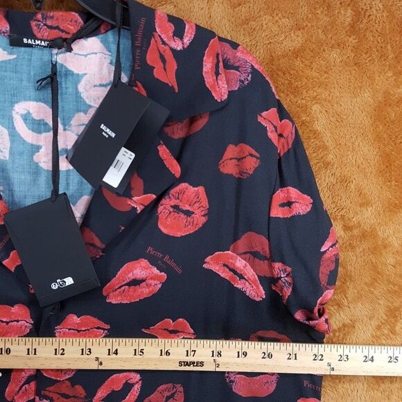 BALMAIN Shirt Mens Size 48 Black Button Up Short Sleeve Kiss All Over Logo $990 - Picture 10 of 12
